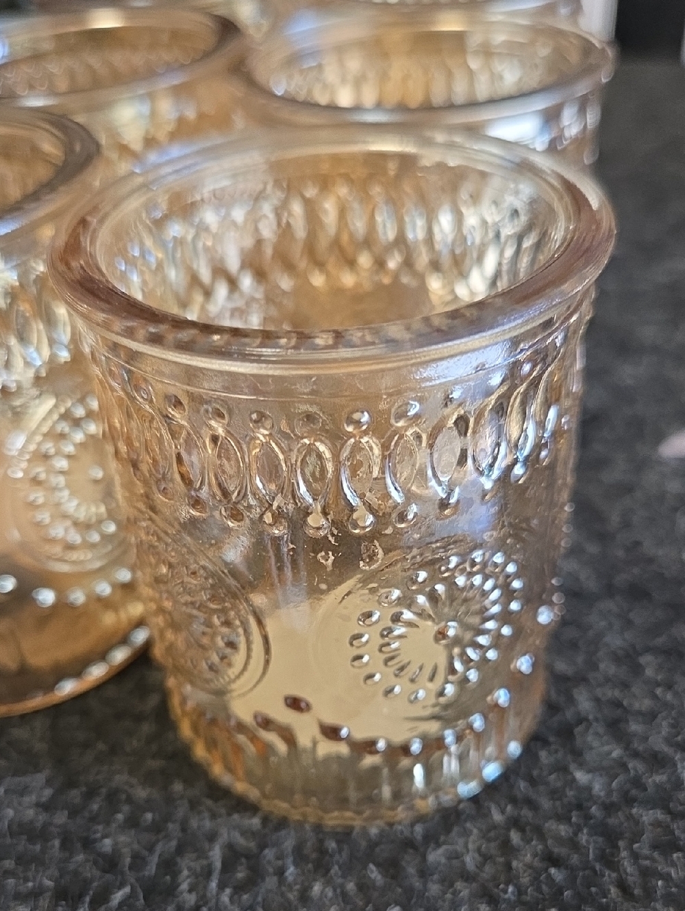 Elegant Amber Glass Votive Holders. Set of 6